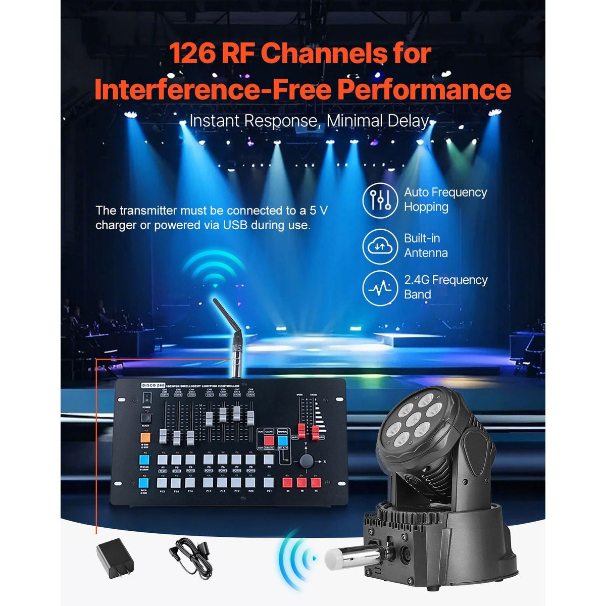 DMX Wireless Receiver, 3 Receivers & 1 Transmitter, 2.4G ISM Band, 656 ft Transmission Range, Rechargeable Battery, Wireless Stage Lighting Control, for LED Stage Party DJ Bar Lighting, Silver