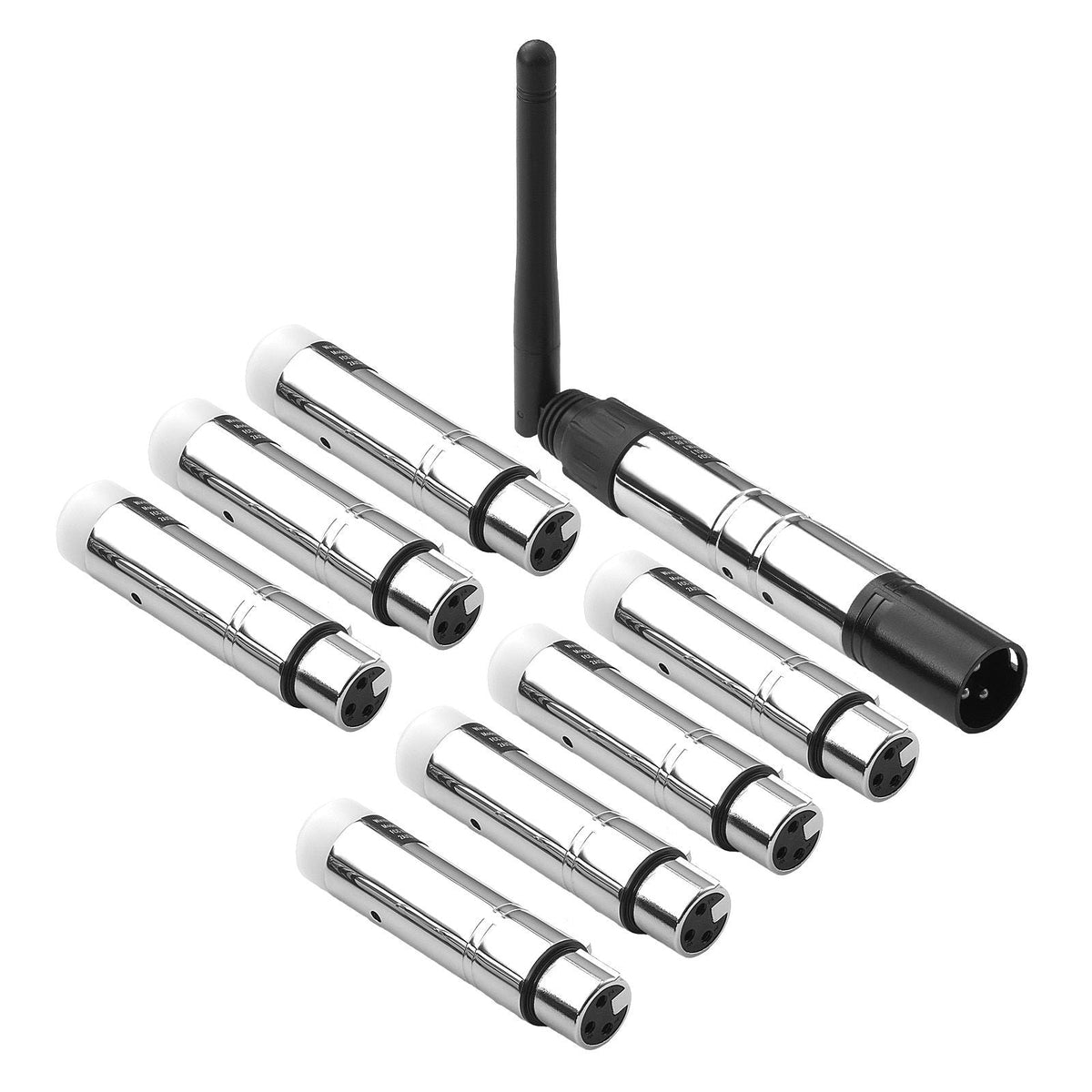 DMX Wireless Receiver, 7 Receivers & 1 Transmitter, 2.4G ISM Band, 656 ft Transmission Range, with Bag and Adapter, Wireless Stage Lighting Control, for LED Stage Party DJ Bar Lighting, Silver