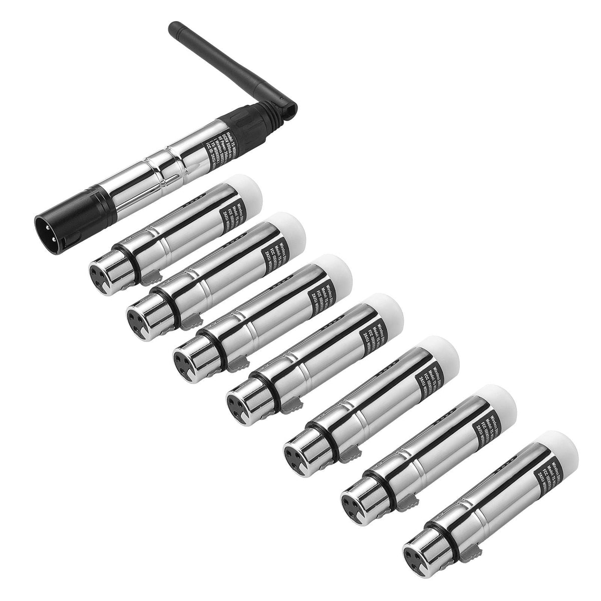DMX Wireless Receiver, 7 Receivers & 1 Transmitter, 2.4G ISM Band, 656 ft Transmission Range, with Bag and Adapter, Wireless Stage Lighting Control, for LED Stage Party DJ Bar Lighting, Silver