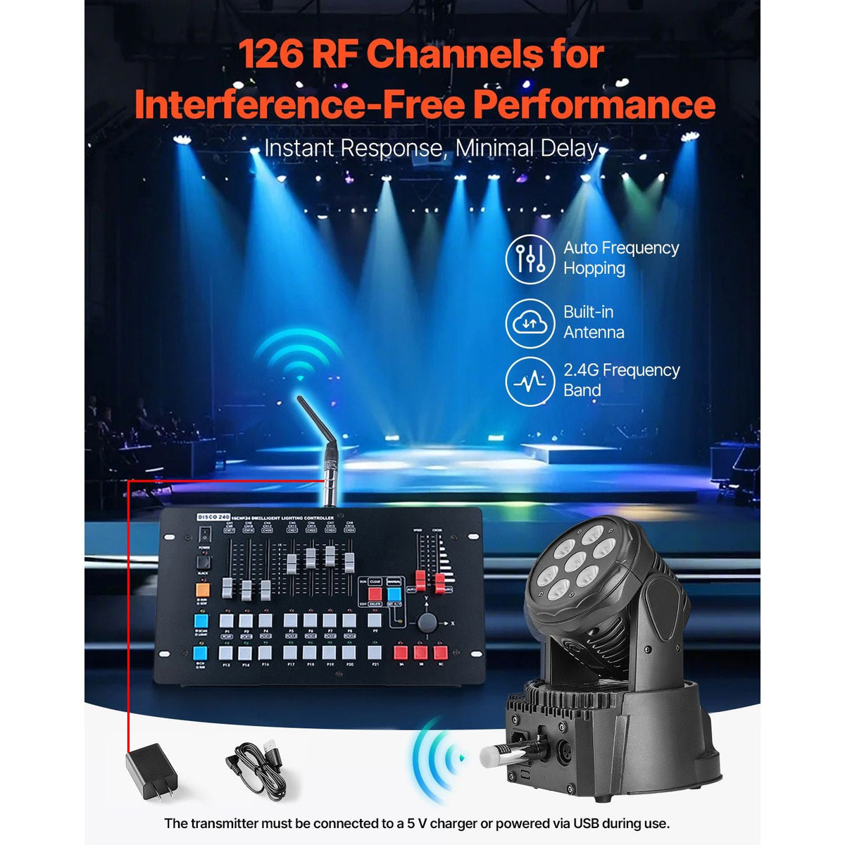DMX Wireless Receiver, 7 Receivers & 1 Transmitter, 2.4G ISM Band, 656 ft Transmission Range, with Bag and Adapter, Wireless Stage Lighting Control, for LED Stage Party DJ Bar Lighting, Silver
