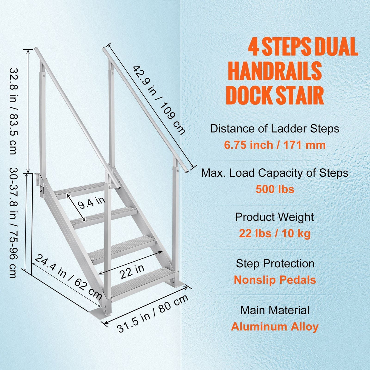 Dock Ladder 4 Step, Dock Stairs 30''-38'' Adjustable Height, 500 lbs Load Capacity, Aluminum Pontoon Boat Ladder with Dual Handrails & Nonslip Mat for Ship/Lake/Pool/Marine Boarding