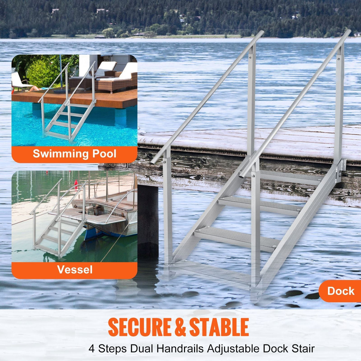 Dock Ladder 4 Step, Dock Stairs 30''-38'' Adjustable Height, 500 lbs Load Capacity, Aluminum Pontoon Boat Ladder with Dual Handrails & Nonslip Mat for Ship/Lake/Pool/Marine Boarding