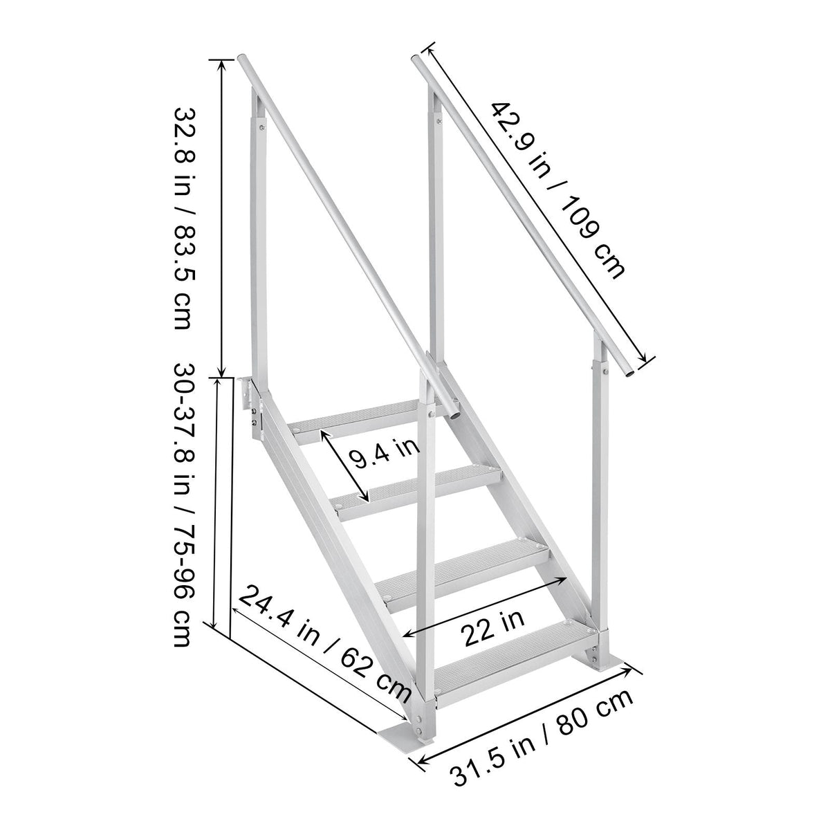 Dock Ladder 4 Step, Dock Stairs 30''-38'' Adjustable Height, 500 lbs Load Capacity, Aluminum Pontoon Boat Ladder with Dual Handrails & Nonslip Mat for Ship/Lake/Pool/Marine Boarding