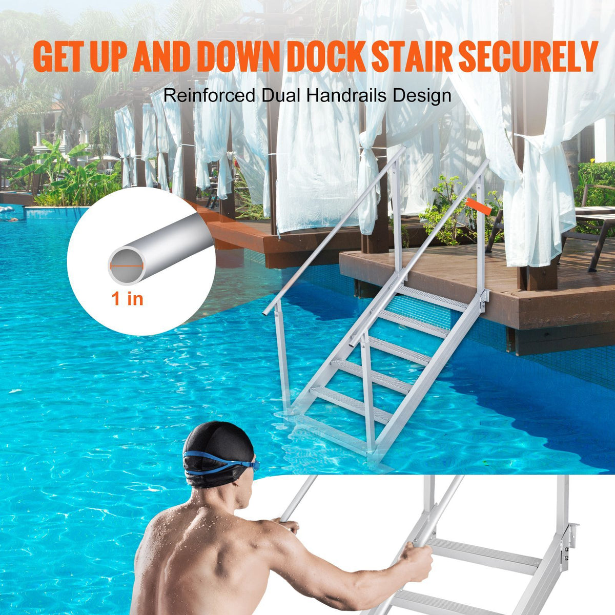 Dock Ladder, 43''-51'' Adjustable Height, 500 lbs Load Capacity, Aluminum Alloy 6 Steps Pontoon Boat Ladder with Dual Handrails & Nonslip Mat, Ideal for Ship/Lake/Pool/Marine Boarding