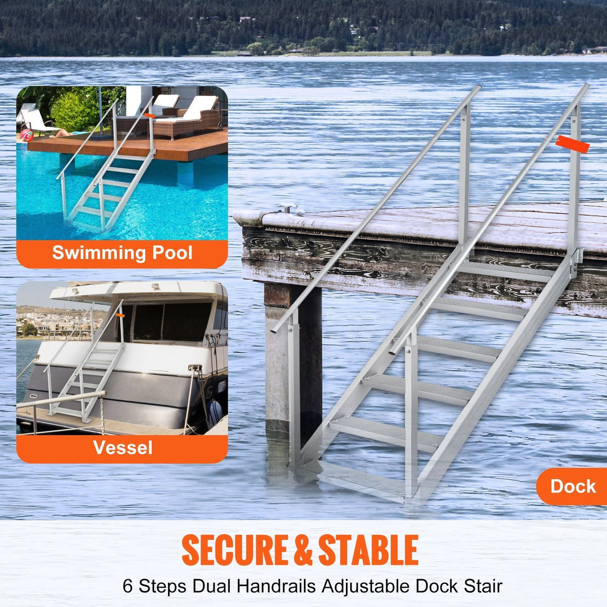 Dock Ladder, 43''-51'' Adjustable Height, 500 lbs Load Capacity, Aluminum Alloy 6 Steps Pontoon Boat Ladder with Dual Handrails & Nonslip Mat, Ideal for Ship/Lake/Pool/Marine Boarding