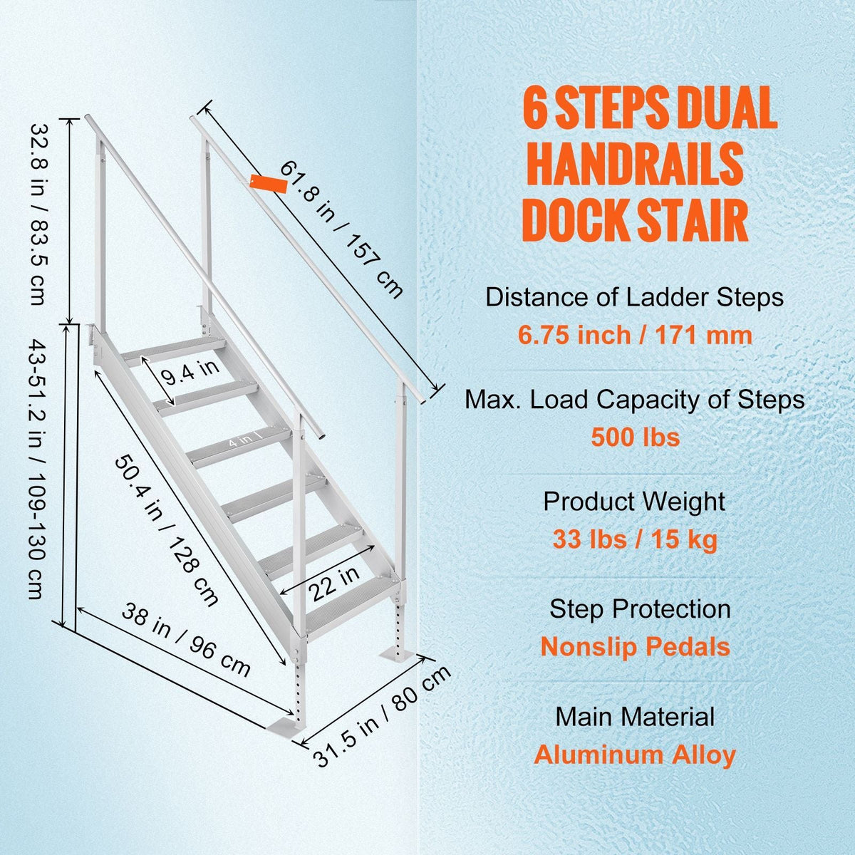 Dock Ladder, 43''-51'' Adjustable Height, 500 lbs Load Capacity, Aluminum Alloy 6 Steps Pontoon Boat Ladder with Dual Handrails & Nonslip Mat, Ideal for Ship/Lake/Pool/Marine Boarding