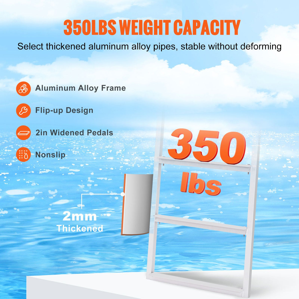 Dock Ladder, Flip-Up 3 Steps, 350 lbs Load Capacity, Aluminum Alloy Pontoon Boat Ladder with 2'' Wide Step & Nonslip Rubber Mat, Easy to Install for Ship/Lake/Pool/Marine Boarding