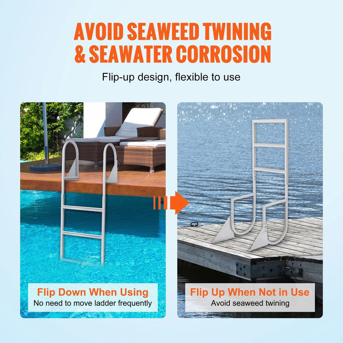 Dock Ladder, Flip-Up 3 Steps, 350 lbs Load Capacity, Aluminum Alloy Pontoon Boat Ladder with 2'' Wide Step & Nonslip Rubber Mat, Easy to Install for Ship/Lake/Pool/Marine Boarding