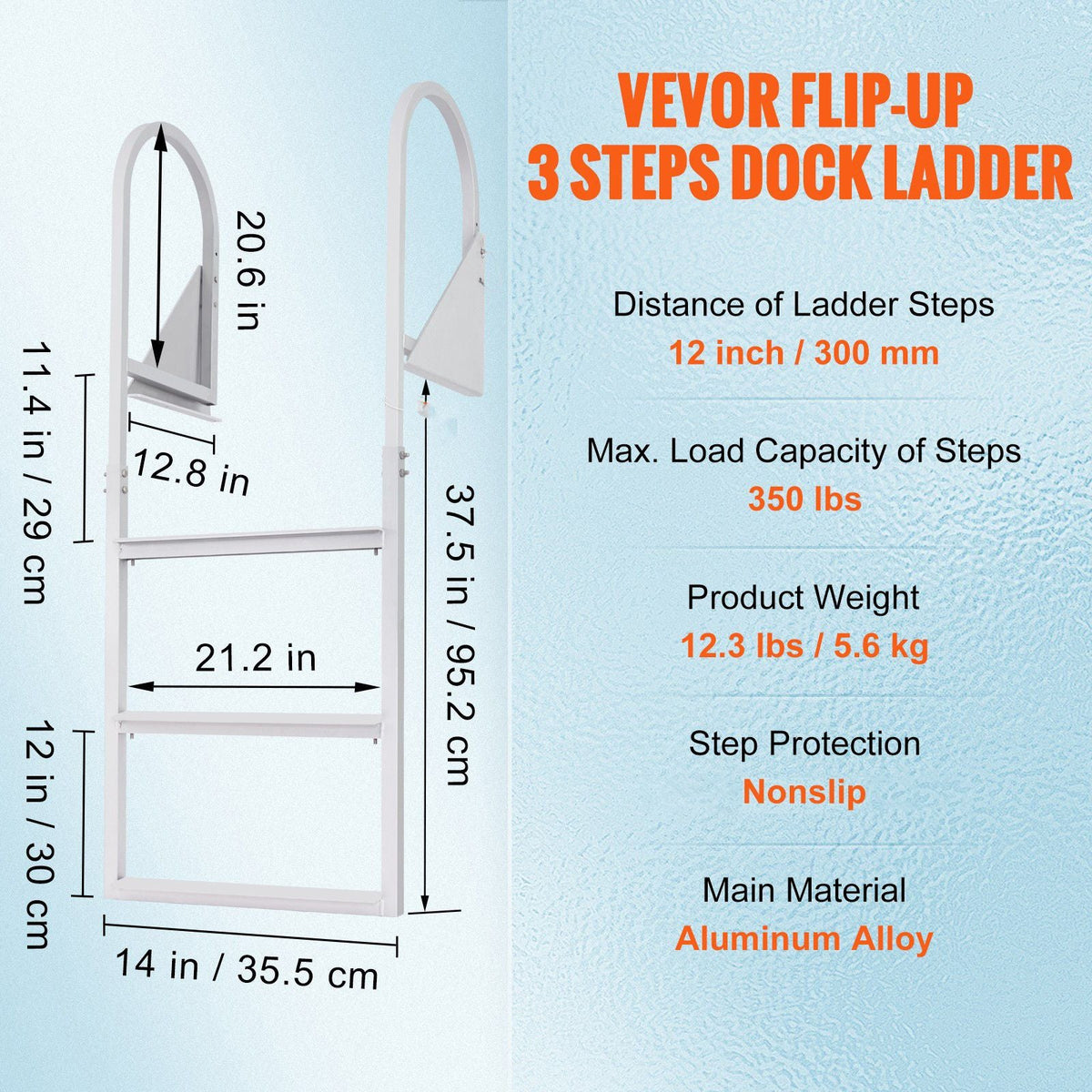 Dock Ladder, Flip-Up 3 Steps, 350 lbs Load Capacity, Aluminum Alloy Pontoon Boat Ladder with 2'' Wide Step & Nonslip Rubber Mat, Easy to Install for Ship/Lake/Pool/Marine Boarding