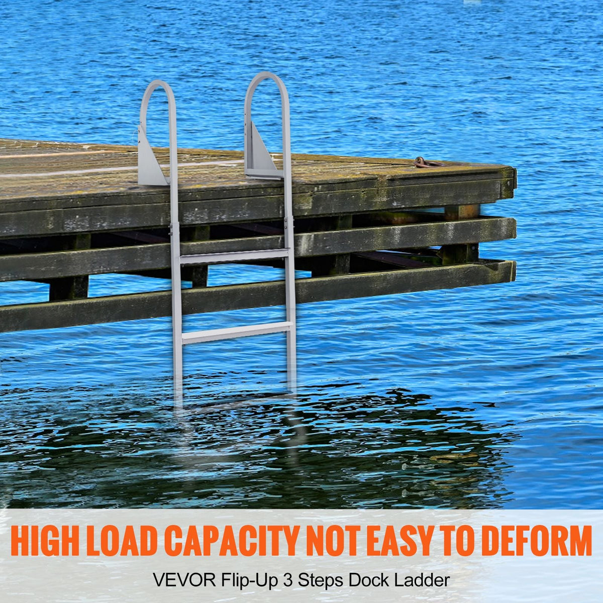 Dock Ladder, Flip-Up 3 Steps, 350 lbs Load Capacity, Aluminum Alloy Pontoon Boat Ladder with 2'' Wide Step & Nonslip Rubber Mat, Easy to Install for Ship/Lake/Pool/Marine Boarding