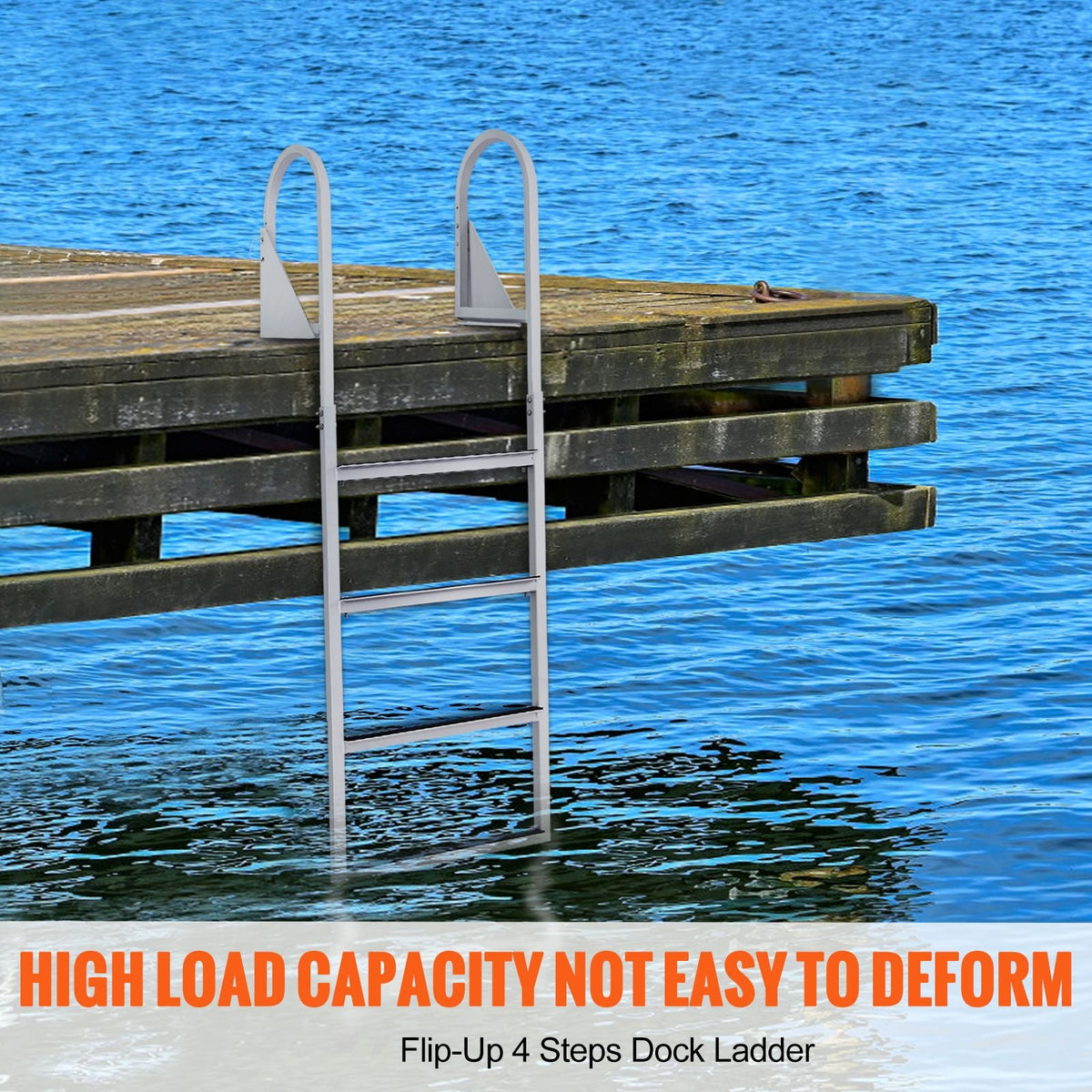 Dock Ladder Flip-Up 4 Steps, 350 lbs Load Capacity, Aluminum Alloy Pontoon Boat Ladder with Nonslip Mat, Swimming Ladder for Ship/Lake/Pool/Marine Boarding