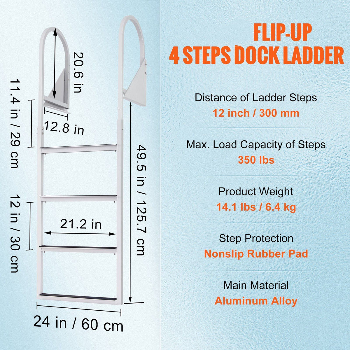 Dock Ladder Flip-Up 4 Steps, 350 lbs Load Capacity, Aluminum Alloy Pontoon Boat Ladder with Nonslip Mat, Swimming Ladder for Ship/Lake/Pool/Marine Boarding