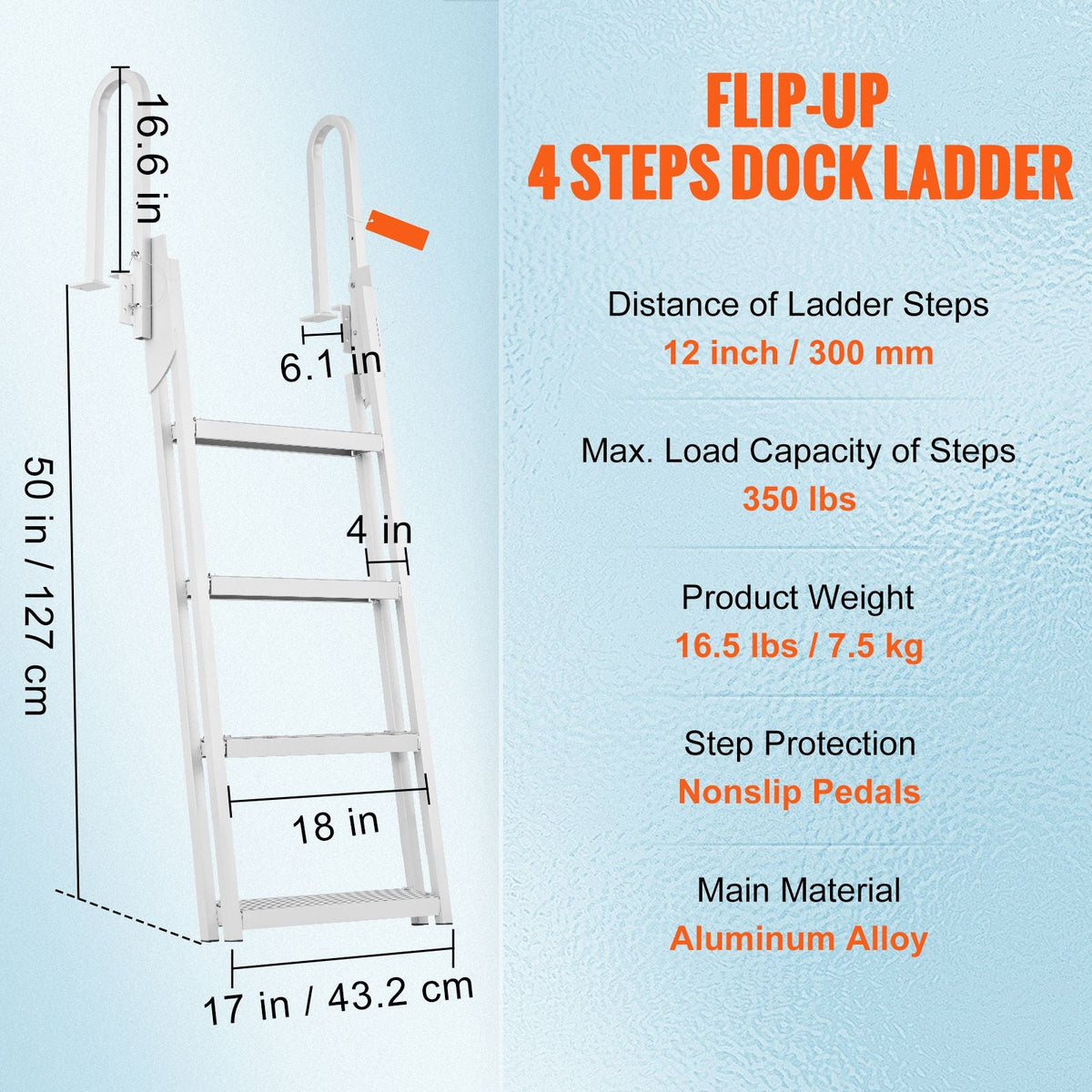 Dock Ladder Flip Up 4 Steps, 350lbs Load Capacity, Aluminum Pontoon Boat Ladder with 4" Wide Step & Nonslip Rubber Mat,Swimm Step Ladder for Ship/Lake/Pool/Marine Boarding
