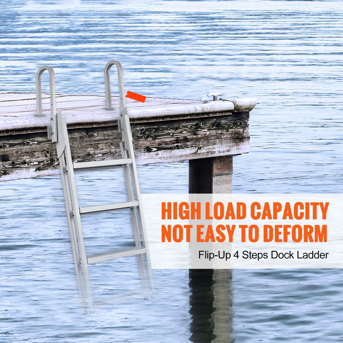 Dock Ladder Flip Up 4 Steps, 350lbs Load Capacity, Aluminum Pontoon Boat Ladder with 4" Wide Step & Nonslip Rubber Mat,Swimm Step Ladder for Ship/Lake/Pool/Marine Boarding