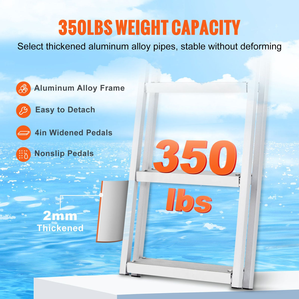 Dock Ladder Flip Up 4 Steps, 350lbs Load Capacity, Aluminum Pontoon Boat Ladder with 4" Wide Step & Nonslip Rubber Mat,Swimm Step Ladder for Ship/Lake/Pool/Marine Boarding