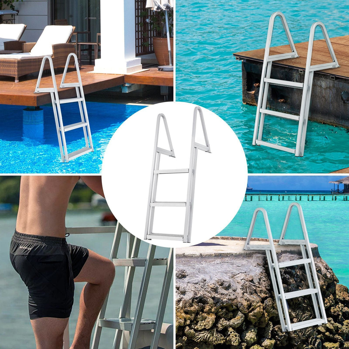 Dock Ladder, Removable 3 Steps, 350 lbs Load Capacity, Aluminum Alloy Pontoon Boat Ladder with 4'' Wide Step & Nonslip Mat, Easy to Install for Ship/Lake/Pool/Marine Boarding