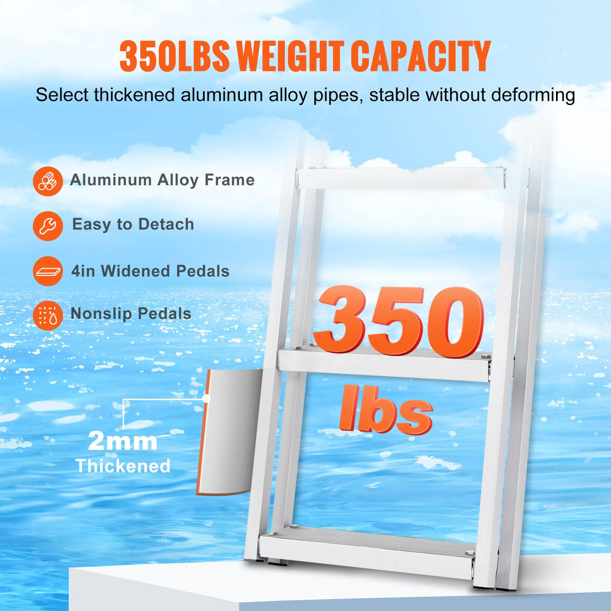 Dock Ladder, Removable 3 Steps, 350 lbs Load Capacity, Aluminum Alloy Pontoon Boat Ladder with 4'' Wide Step & Nonslip Mat, Easy to Install for Ship/Lake/Pool/Marine Boarding