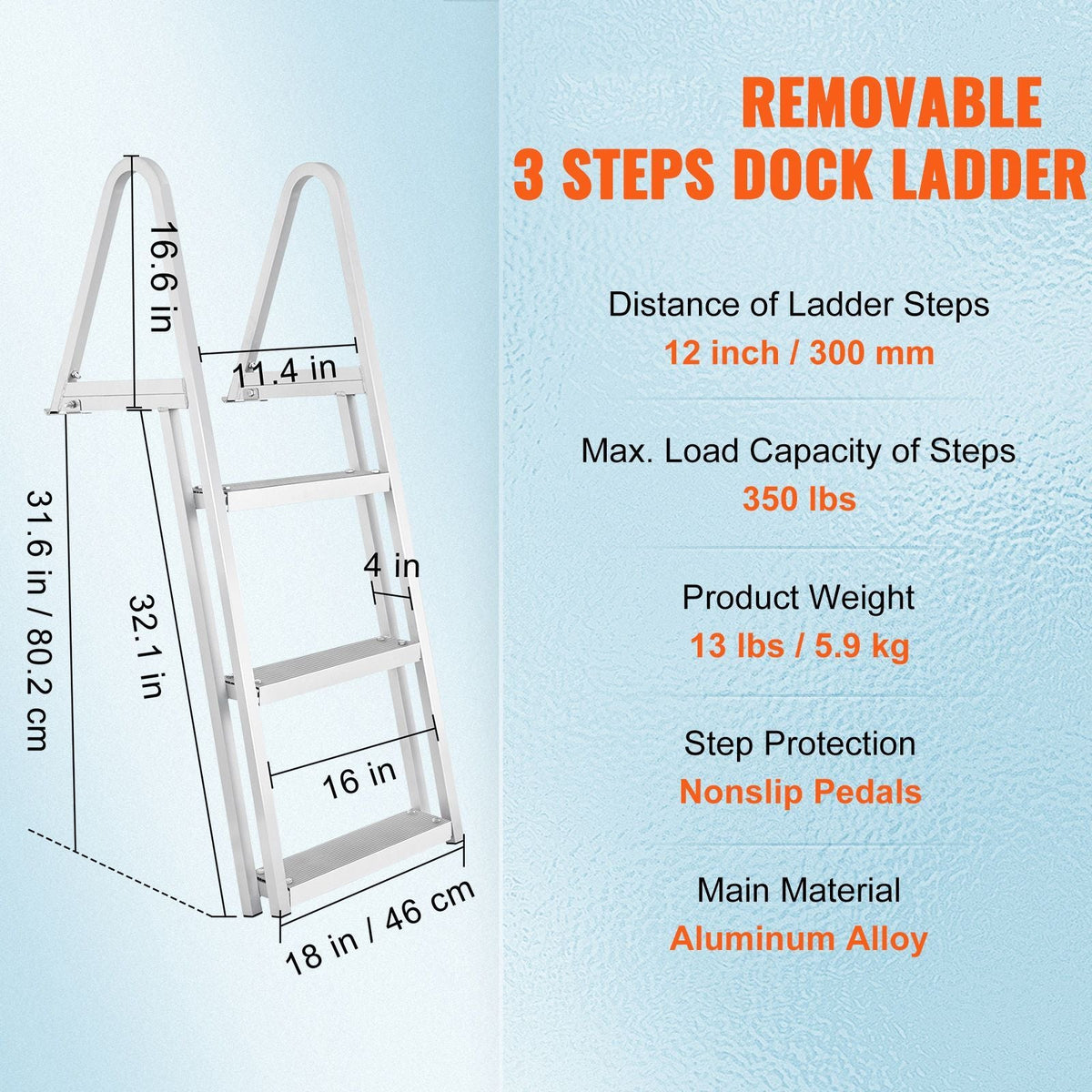 Dock Ladder, Removable 3 Steps, 350 lbs Load Capacity, Aluminum Alloy Pontoon Boat Ladder with 4'' Wide Step & Nonslip Mat, Easy to Install for Ship/Lake/Pool/Marine Boarding