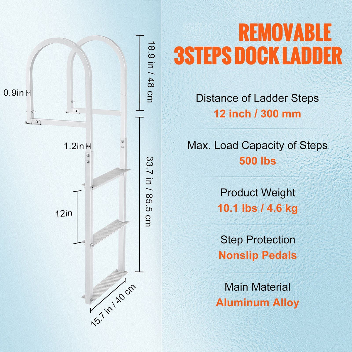 Dock Ladder, Removable 3 Steps, 500 lbs Load Capacity, Aluminum Alloy Pontoon Boat Ladder with 3.1'' Wide Step & Nonslip Rubber Mat, Easy to Install for Ship/Lake/Pool/Marine Boarding