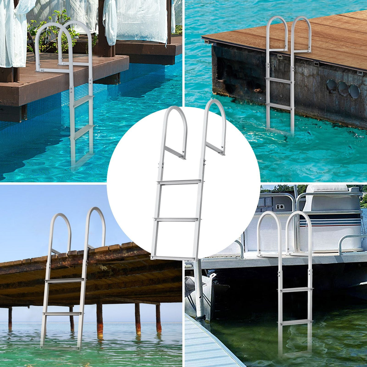 Dock Ladder, Removable 3 Steps, 500 lbs Load Capacity, Aluminum Alloy Pontoon Boat Ladder with 3.1'' Wide Step & Nonslip Rubber Mat, Easy to Install for Ship/Lake/Pool/Marine Boarding