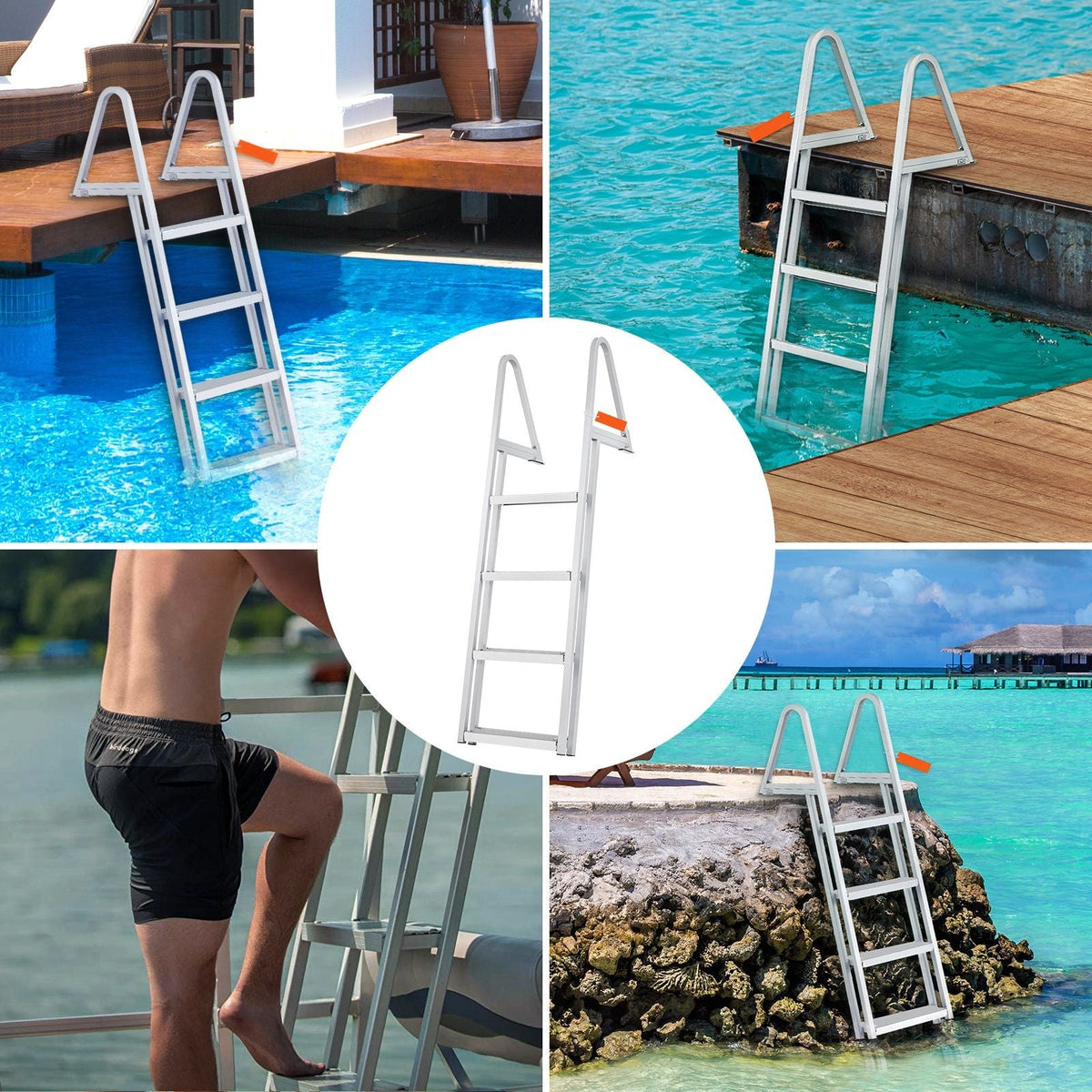 Dock Ladder, Removable 4 Steps, 350 lbs Load Capacity, Aluminum Alloy Pontoon Boat Ladder with 4'' Wide Step & Nonslip Mat, Easy to Install for Ship/Lake/Pool/Marine Boarding