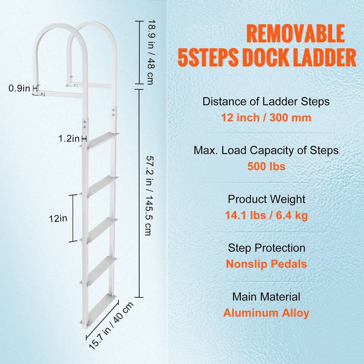Dock Ladder, Removable 5 Steps, 500 lbs Load Capacity, Aluminum Alloy Pontoon Boat Ladder with 3.1'' Wide Step & Nonslip Rubber Mat, Easy to Install for Ship/Lake/Pool/Marine Boarding
