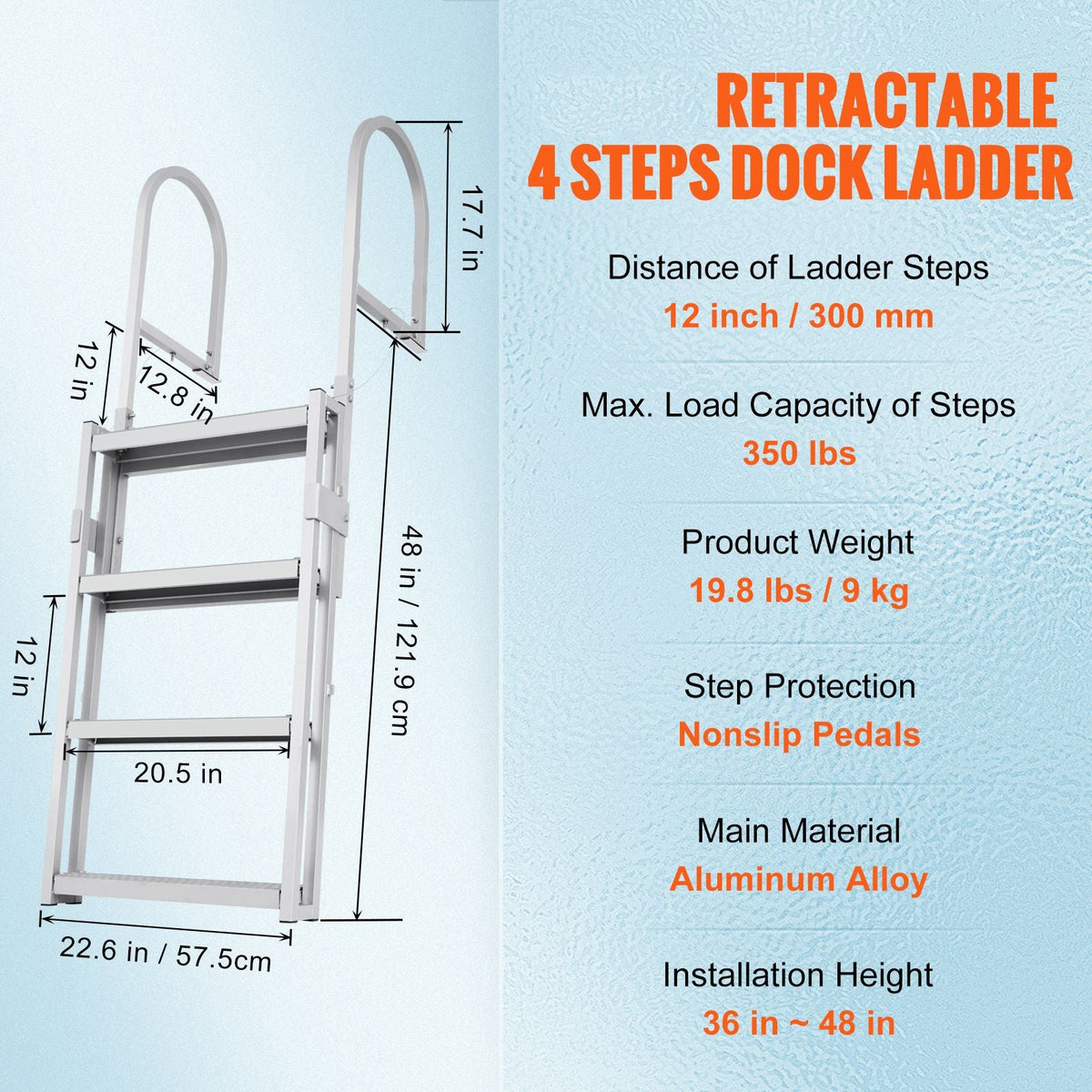 Dock Ladder, Retractable 4 Steps, 350 lbs Load Capacity, Aluminum Alloy Pontoon Boat Ladder with 55.1''-67.1'' Adjustable Height, 4'' Wide Step & Rubber Mat, for Ship/Lake/Pool/Marine Boarding