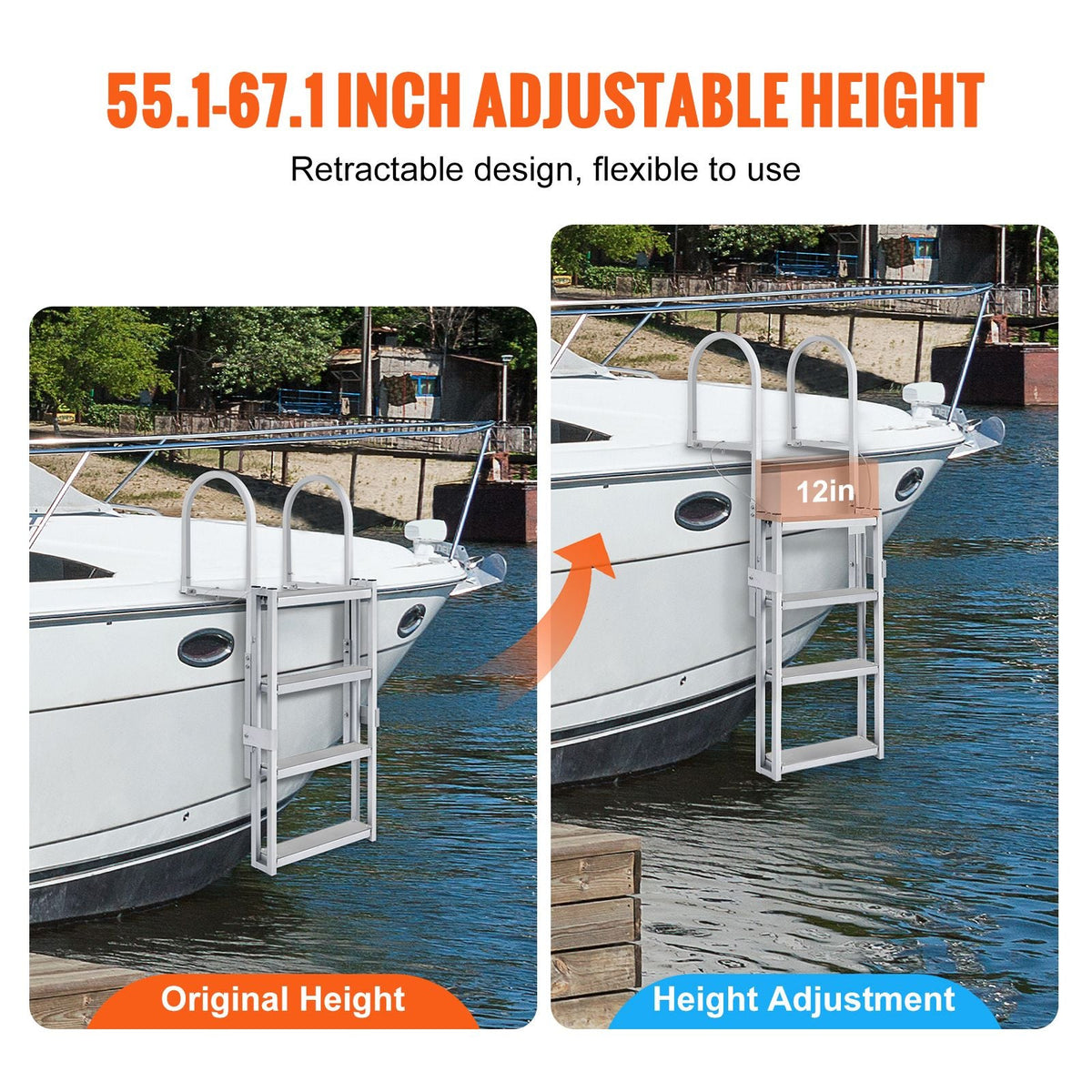 Dock Ladder, Retractable 4 Steps, 350 lbs Load Capacity, Aluminum Alloy Pontoon Boat Ladder with 55.1''-67.1'' Adjustable Height, 4'' Wide Step & Rubber Mat, for Ship/Lake/Pool/Marine Boarding