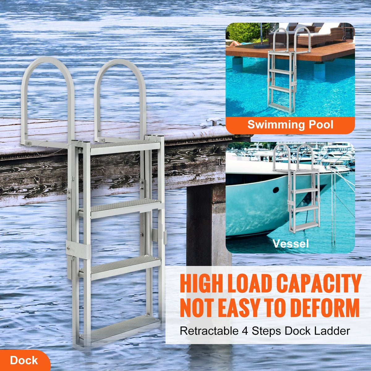 Dock Ladder, Retractable 4 Steps, 350 lbs Load Capacity, Aluminum Alloy Pontoon Boat Ladder with 55.1''-67.1'' Adjustable Height, 4'' Wide Step & Rubber Mat, for Ship/Lake/Pool/Marine Boarding
