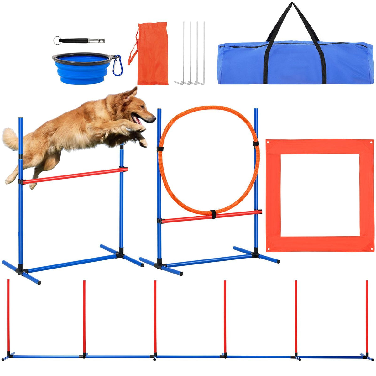 Dog Agility Training Equipment, 4 PCS Set with Adjustable High Hurdles,6 Weave Poles,Jump Ring,Square Pause Box,Whistle,Foldable Bowl, Puppy Obstacle Course Kit for Backyard, Indoor, Outdoor
