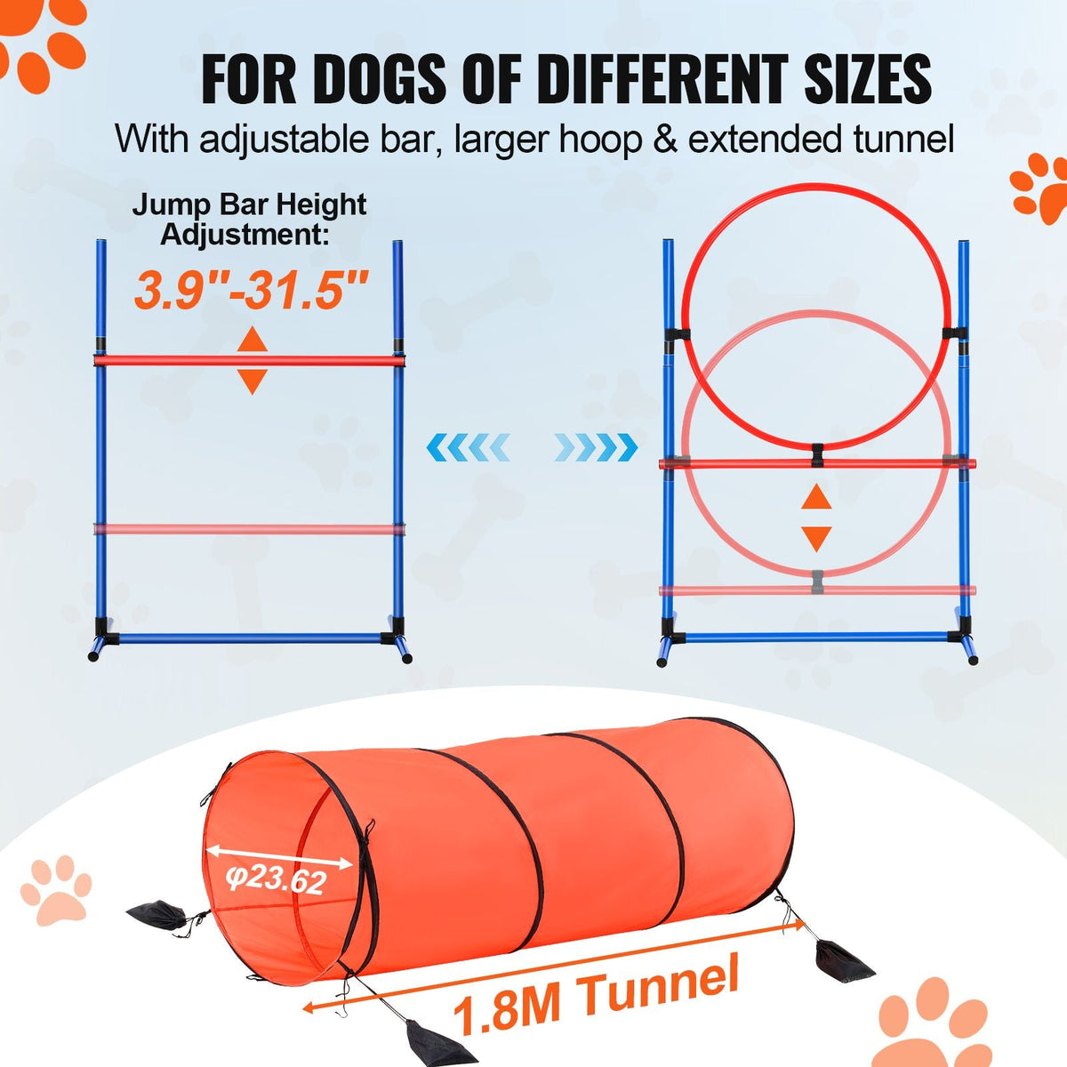 Dog Agility Training Equipment, 5 PCS Combination Set with Adjustable High Hurdles,6 Weave Poles, Tunnel, Jump Ring, Pause Box, Whistle, Foldable Bowl, Puppy Obstacle Course Kit with 2 Bags