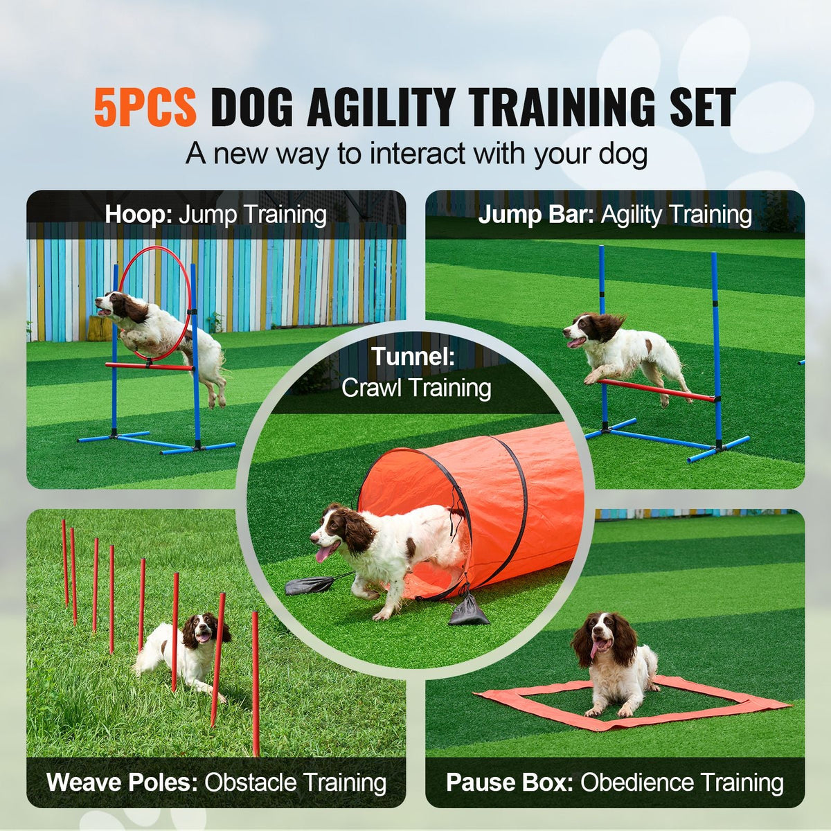 Dog Agility Training Equipment, 5 PCS Combination Set with Adjustable High Hurdles,6 Weave Poles, Tunnel, Jump Ring, Pause Box, Whistle, Foldable Bowl, Puppy Obstacle Course Kit with 2 Bags