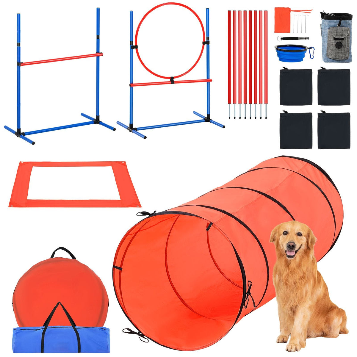 Dog Agility Training Equipment, 5 PCS Combination Set with Adjustable High Hurdles,6 Weave Poles, Tunnel, Jump Ring, Pause Box, Whistle, Foldable Bowl, Puppy Obstacle Course Kit with 2 Bags