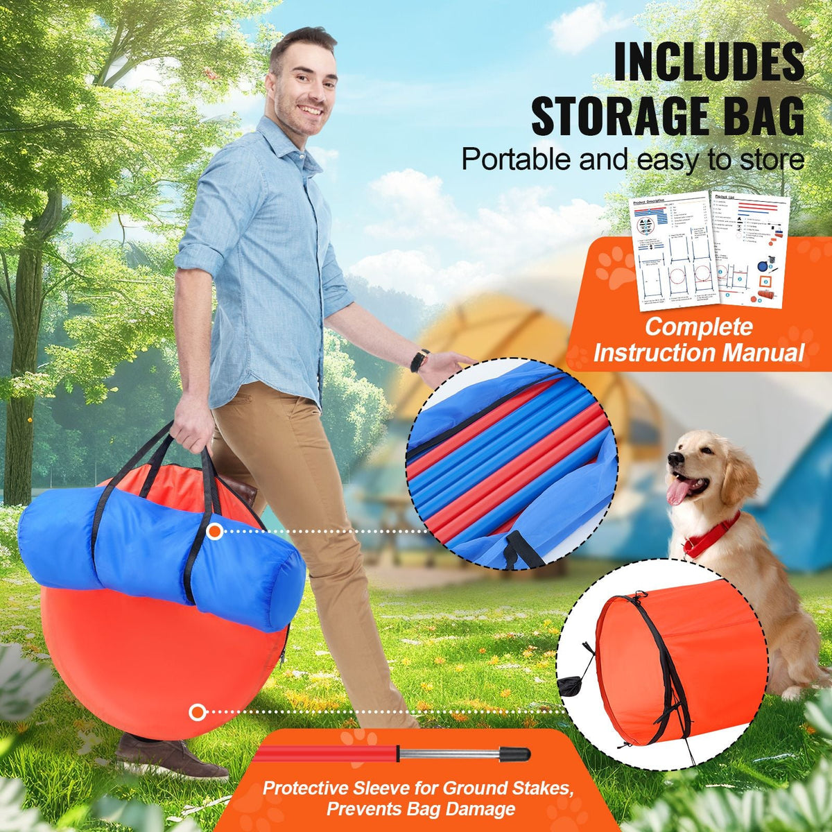 Dog Agility Training Equipment, 5 PCS Combination Set with Adjustable High Hurdles,6 Weave Poles, Tunnel, Jump Ring, Pause Box, Whistle, Foldable Bowl, Puppy Obstacle Course Kit with 2 Bags