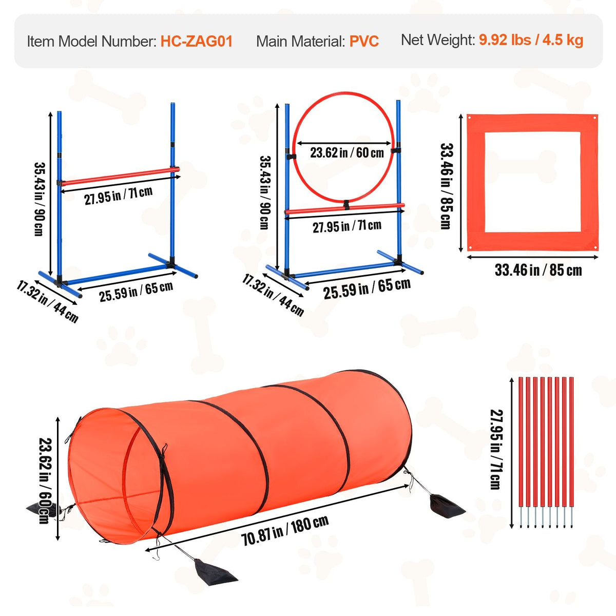 Dog Agility Training Equipment, 5 PCS Combination Set with Adjustable High Hurdles,6 Weave Poles, Tunnel, Jump Ring, Pause Box, Whistle, Foldable Bowl, Puppy Obstacle Course Kit with 2 Bags