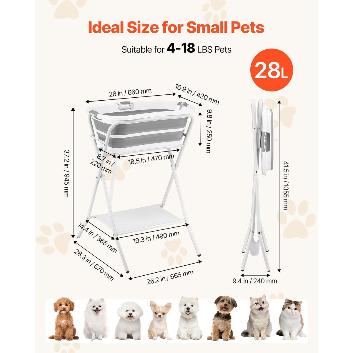 Dog Bathtub, Elevated Dog Bath Tub, 2 in 1 Collapsible Pet Bathing Grooming Wash Station, Portable Foldable Space-saving, Built-in Drain Outlet with Drain Hose for Small Pet Cat, Gray & White