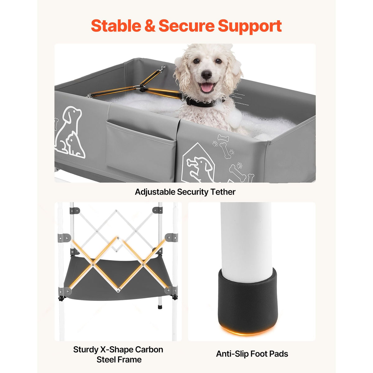 Dog Bathtub, Elevated Dog Bath Tub, Collapsible Pet Bathing Grooming Wash Station, Portable Foldable Space-saving, with Built-In Drain Hose for Small and Medium Pet Cat Indoor & Outdoor, Gray