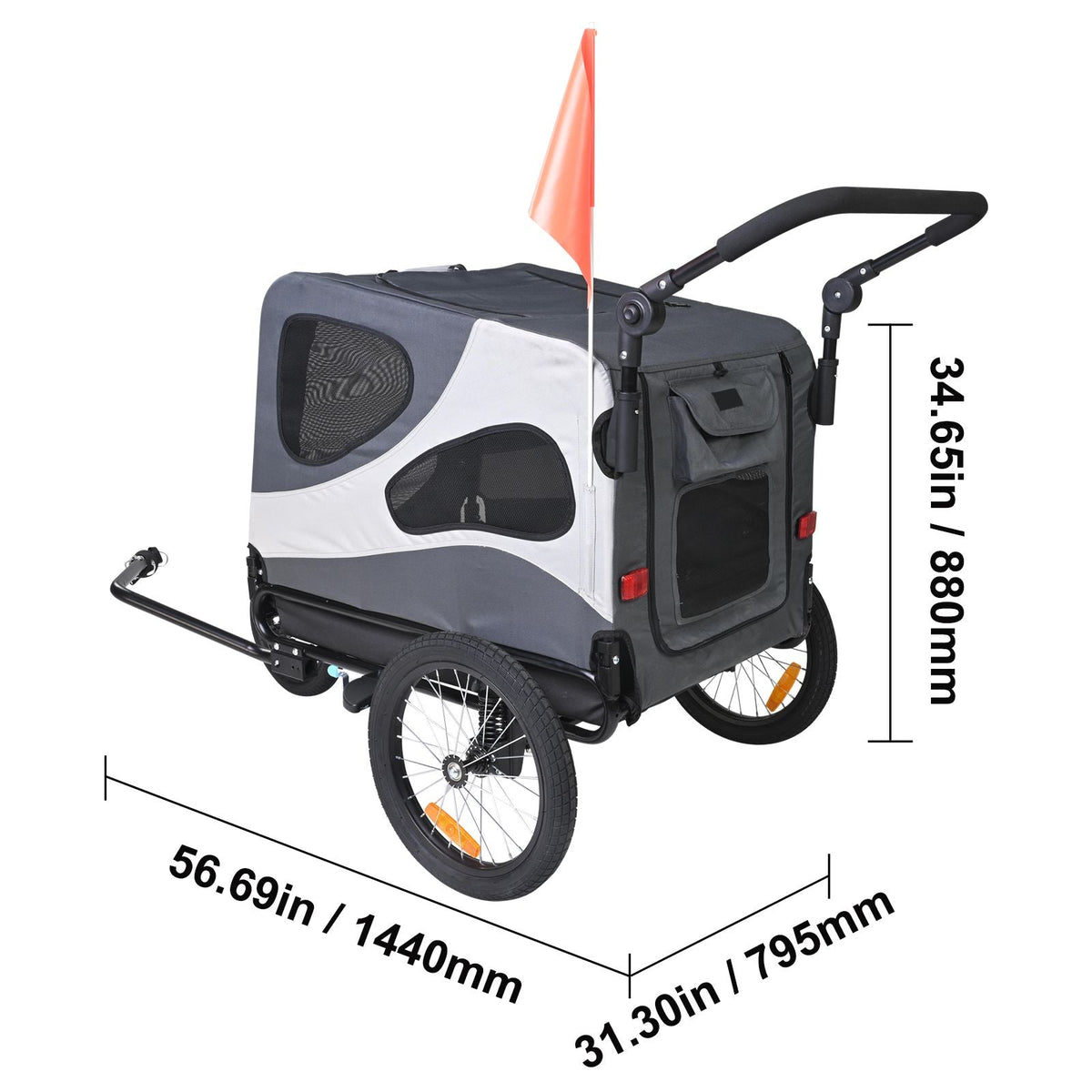 Dog Bike Trailer, Supports up to 100 lbs, 2-in-1 Pet Stroller Cart Bicycle Carrier, Easy Folding Cart Frame with Quick Release Wheels, Universal Bicycle Coupler, Reflectors, Flag, Black/Gray