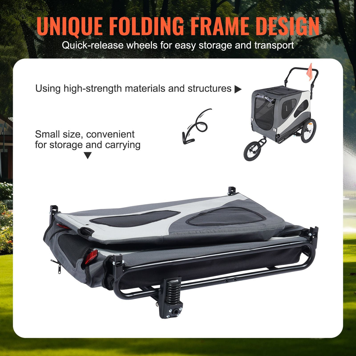 Dog Bike Trailer, Supports up to 100 lbs, 2-in-1 Pet Stroller Cart Bicycle Carrier, Easy Folding Cart Frame with Quick Release Wheels, Universal Bicycle Coupler, Reflectors, Flag, Black/Gray