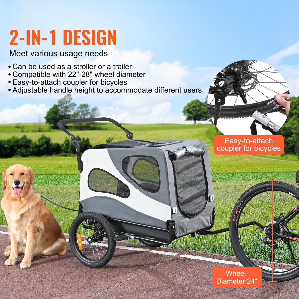 Dog Bike Trailer, Supports up to 100 lbs, 2-in-1 Pet Stroller Cart Bicycle Carrier, Easy Folding Cart Frame with Quick Release Wheels, Universal Bicycle Coupler, Reflectors, Flag, Black/Gray