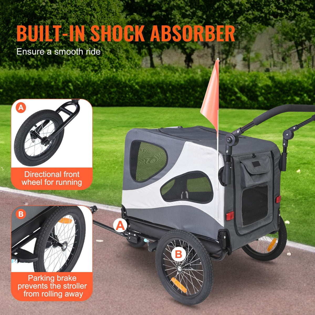 Dog Bike Trailer, Supports up to 100 lbs, 2-in-1 Pet Stroller Cart Bicycle Carrier, Easy Folding Cart Frame with Quick Release Wheels, Universal Bicycle Coupler, Reflectors, Flag, Black/Gray