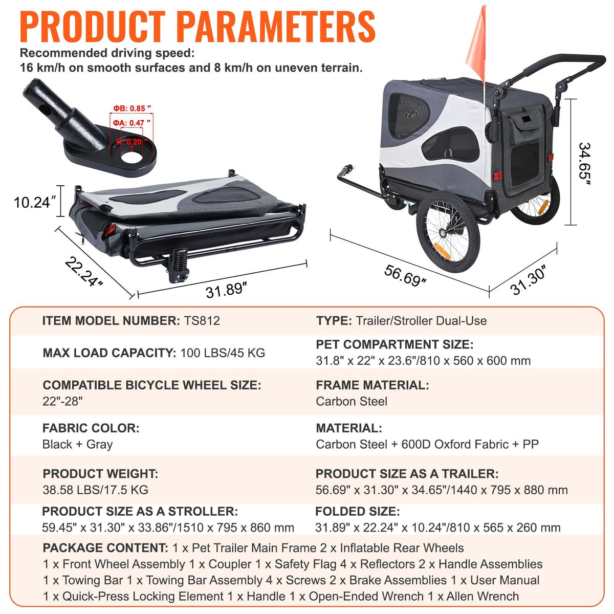 Dog Bike Trailer, Supports up to 100 lbs, 2-in-1 Pet Stroller Cart Bicycle Carrier, Easy Folding Cart Frame with Quick Release Wheels, Universal Bicycle Coupler, Reflectors, Flag, Black/Gray