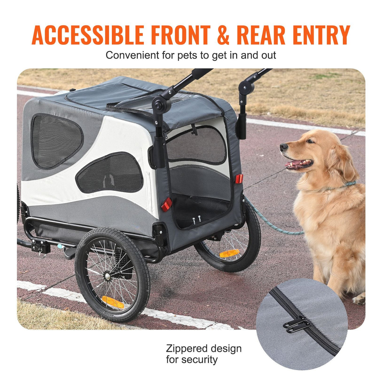 Dog Bike Trailer, Supports up to 100 lbs, 2-in-1 Pet Stroller Cart Bicycle Carrier, Easy Folding Cart Frame with Quick Release Wheels, Universal Bicycle Coupler, Reflectors, Flag, Black/Gray