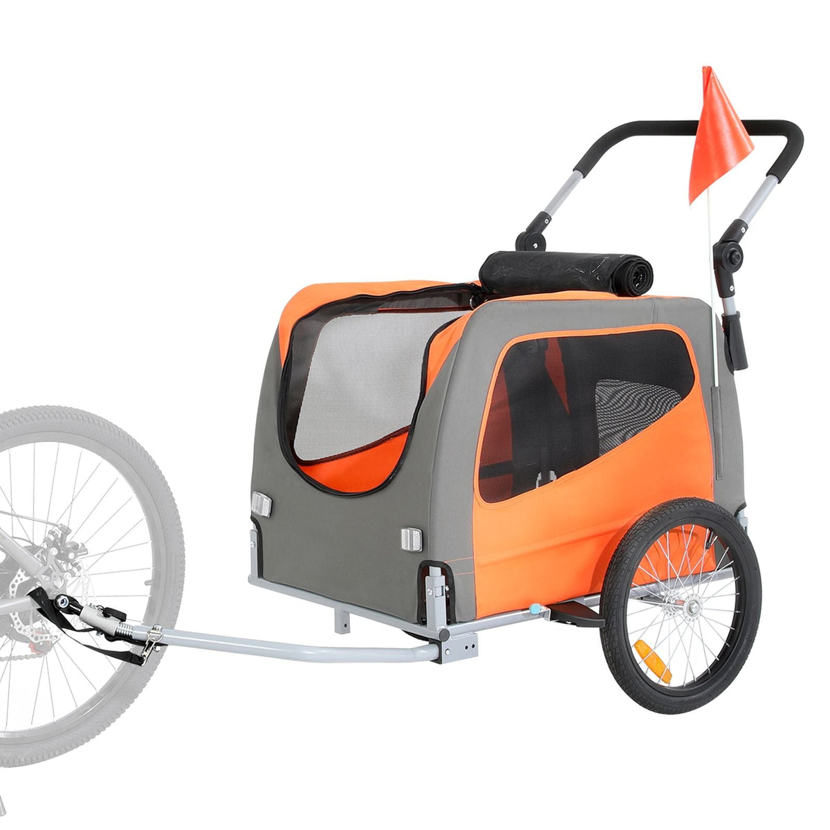 Dog Bike Trailer, Supports up to 66 lbs, 2-in-1 Pet Stroller Cart Bicycle Carrier, Easy Folding Cart Frame with Quick Release Wheels, Universal Bicycle Coupler, Reflectors, Flag, Orange/Gray