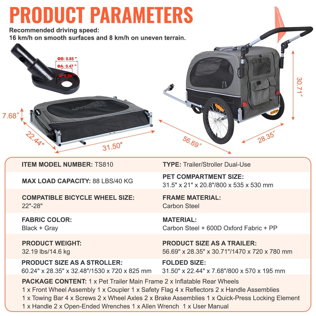 Dog Bike Trailer, Supports up to 88 lbs, 2-in-1 Pet Stroller Cart Bicycle Carrier, Easy Folding Cart Frame with Quick Release Wheels, Universal Bicycle Coupler, Reflectors, Flag, Black/Gray