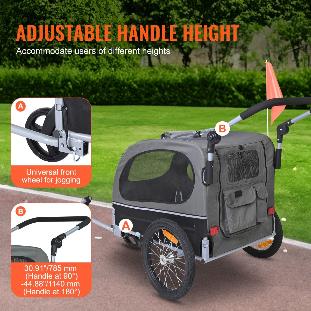 Dog Bike Trailer, Supports up to 88 lbs, 2-in-1 Pet Stroller Cart Bicycle Carrier, Easy Folding Cart Frame with Quick Release Wheels, Universal Bicycle Coupler, Reflectors, Flag, Black/Gray