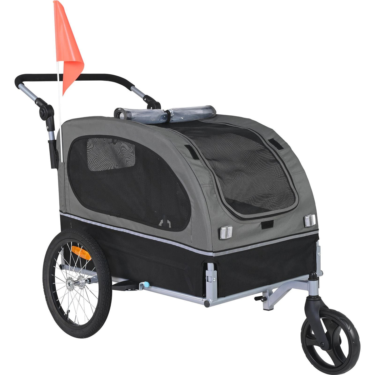 Dog Bike Trailer, Supports up to 88 lbs, 2-in-1 Pet Stroller Cart Bicycle Carrier, Easy Folding Cart Frame with Quick Release Wheels, Universal Bicycle Coupler, Reflectors, Flag, Black/Gray