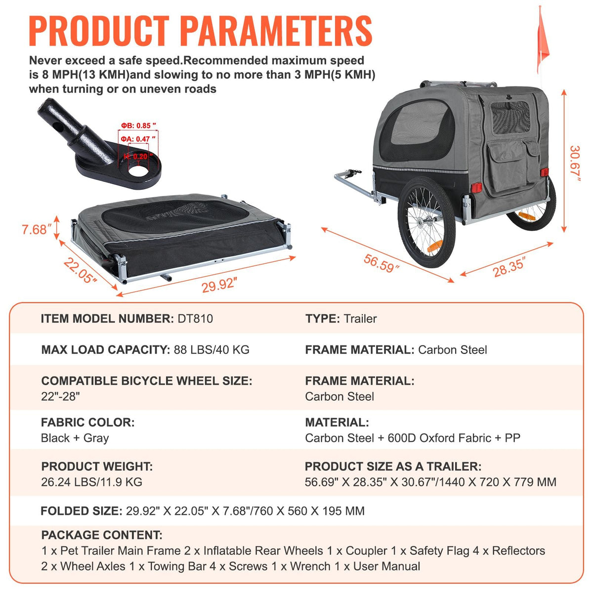 Dog Bike Trailer, Supports up to 88 lbs, Pet Cart Bicycle Carrier, Easy Folding Frame with Quick Release Wheels, Universal Bicycle Coupler, Reflectors, Flag, Collapsible to Store, Black/Gray
