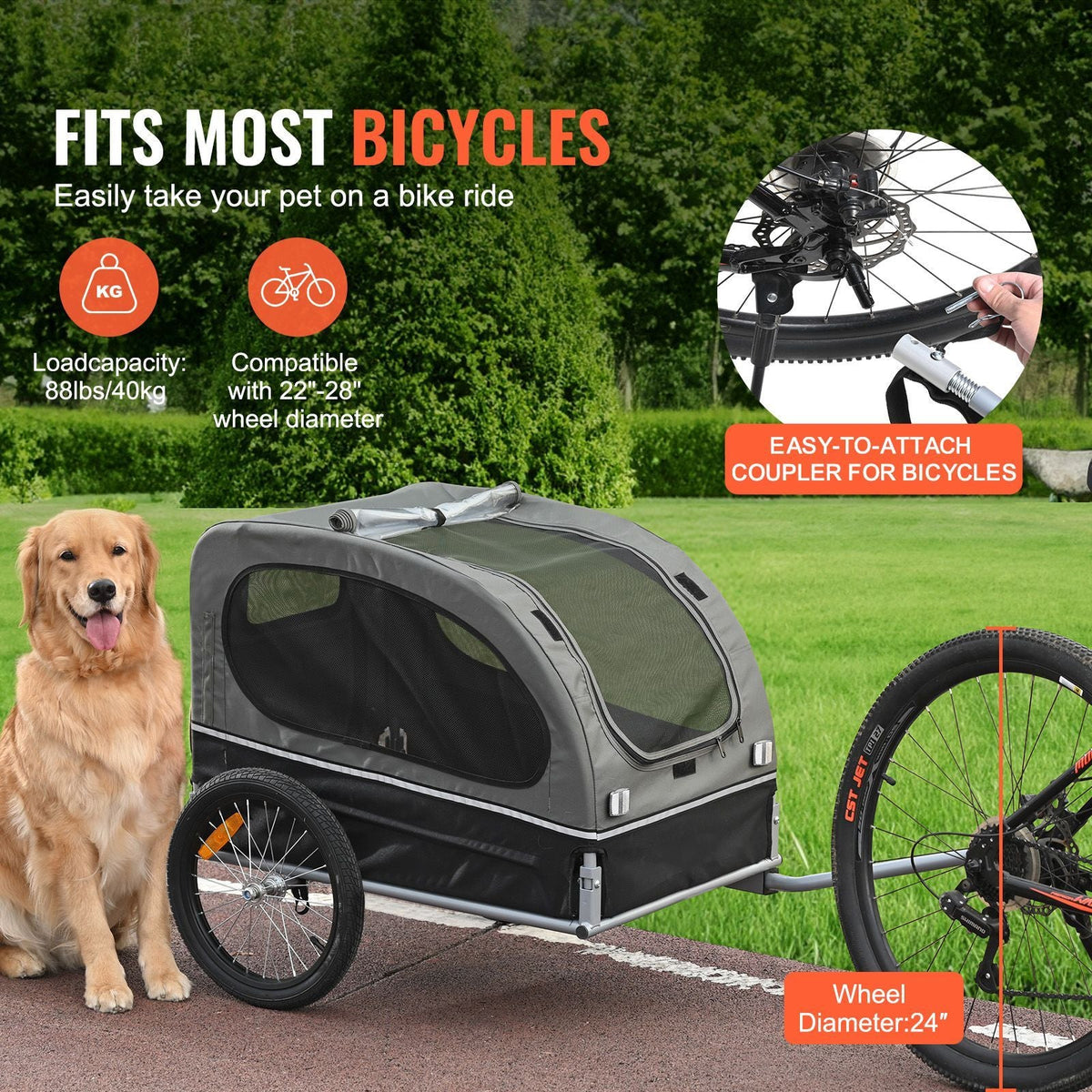 Dog Bike Trailer, Supports up to 88 lbs, Pet Cart Bicycle Carrier, Easy Folding Frame with Quick Release Wheels, Universal Bicycle Coupler, Reflectors, Flag, Collapsible to Store, Black/Gray