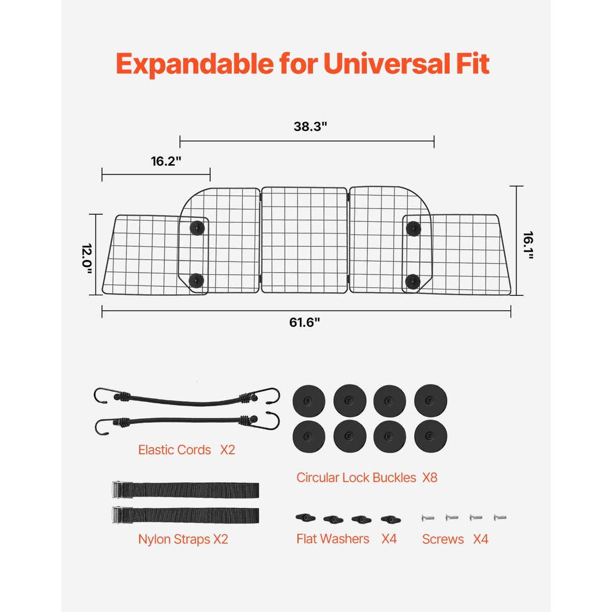 Dog Car Barrier, 36.6"-60" Adjustable Car Divider for Trunk Cargo Area, Universal-Fit Back Seat Heavy-Duty Wire Mesh Dogs Separator Guard Net, Vehicle Pet Barrier for Sedans, Trucks and SUVs